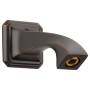 Venetian bronze wall-mount shower arm with square escutcheon and curved spout ending in gold-accented outlet.