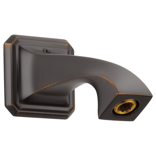 Venetian bronze wall-mount shower arm with square escutcheon and curved spout ending in gold-accented outlet.