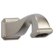 Brushed nickel curved tub spout with pull-down diverter and wall-mounted square flange.