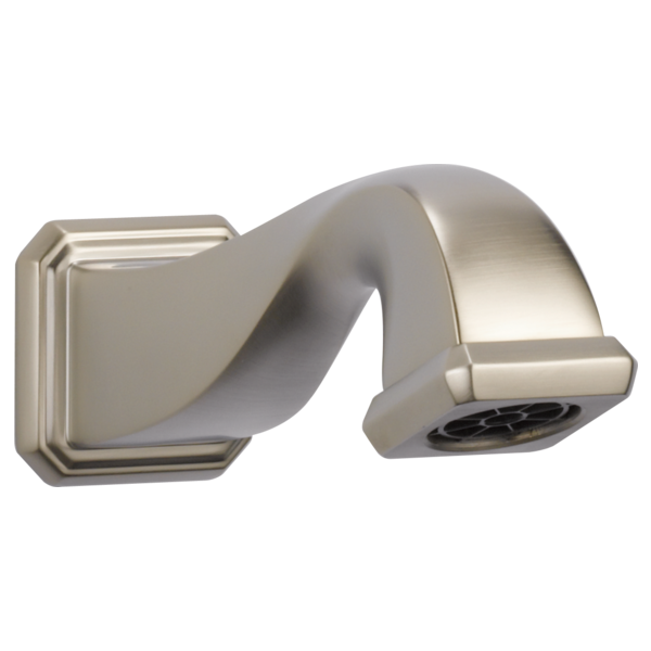 Brushed nickel curved tub spout with pull-down diverter and wall-mounted square flange.