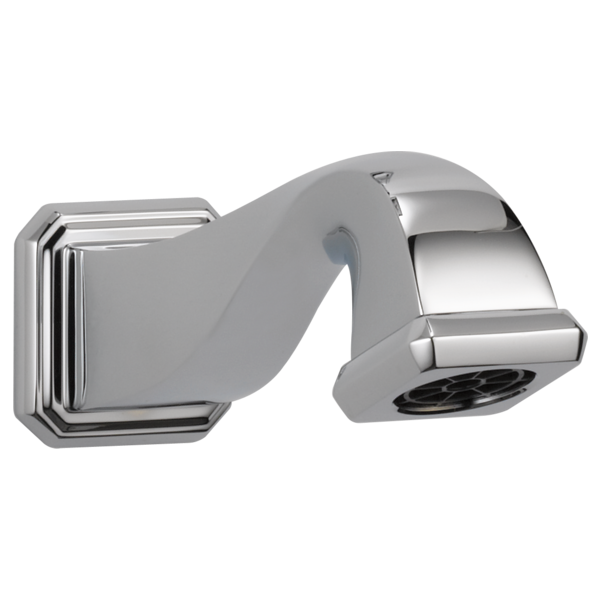 Chrome tub spout with pull-down diverter and showerhead, mounted on wall plate.