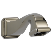 Polished nickel curved tub spout with pull-down diverter and square wall mount bracket.