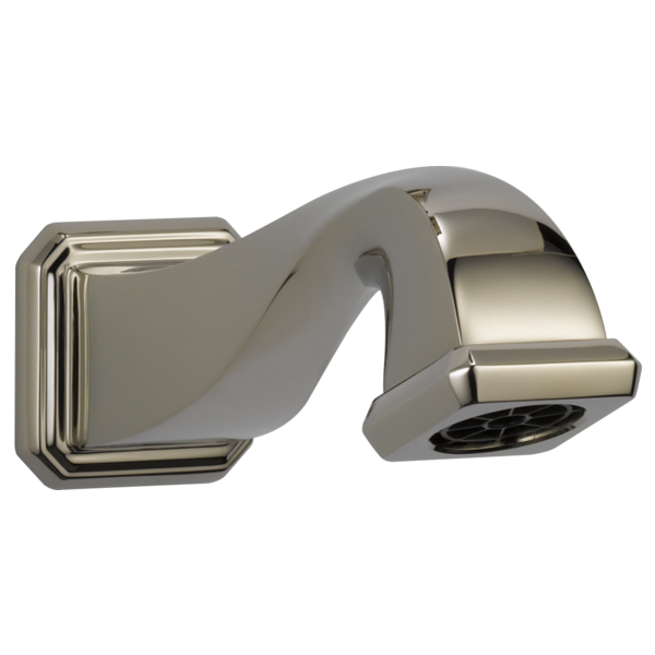 Polished nickel curved tub spout with pull-down diverter and square wall mount bracket.