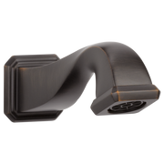 Venetian bronze curved tub spout with pull-down diverter and square wall mount.