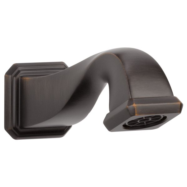 Venetian bronze curved tub spout with pull-down diverter and square wall mount.