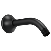 Matte black wall-mounted shower arm with round flange and threaded connection port.