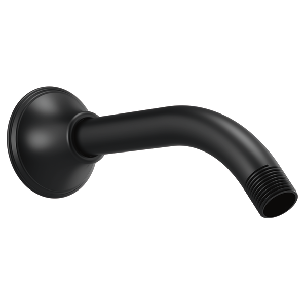Matte black wall-mounted shower arm with round flange and threaded connection port.