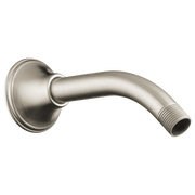 Brushed nickel wall-mounted shower arm with circular flange and threaded outlet connection.