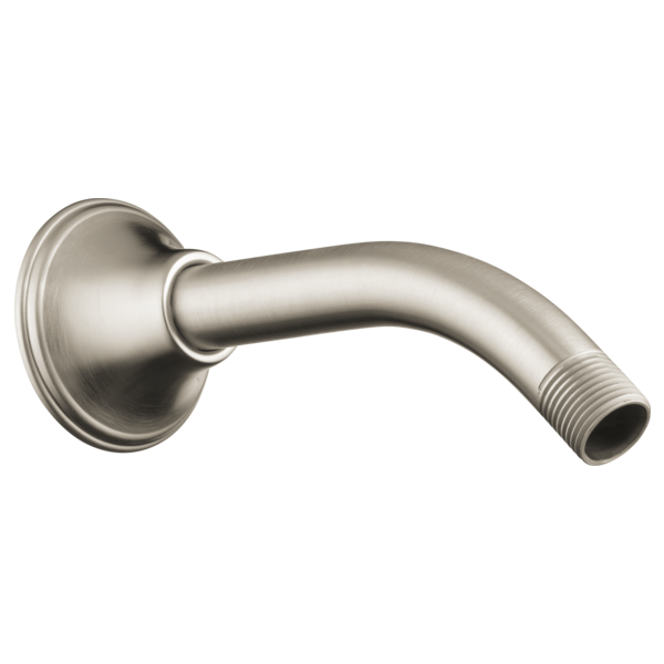 Brushed nickel wall-mounted shower arm with circular flange and threaded outlet connection.