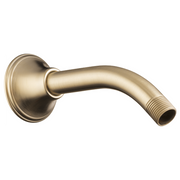 Luxe gold wall-mounted shower arm with circular flange and threaded outlet, curved design.