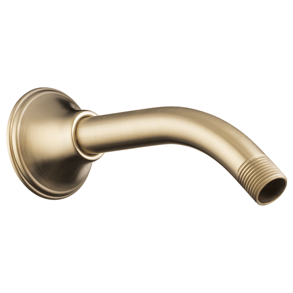 Luxe gold wall-mounted shower arm with circular flange and threaded outlet, curved design.