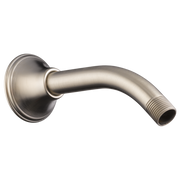 Luxe nickel wall-mount shower arm with circular flange and threaded outlet connection.