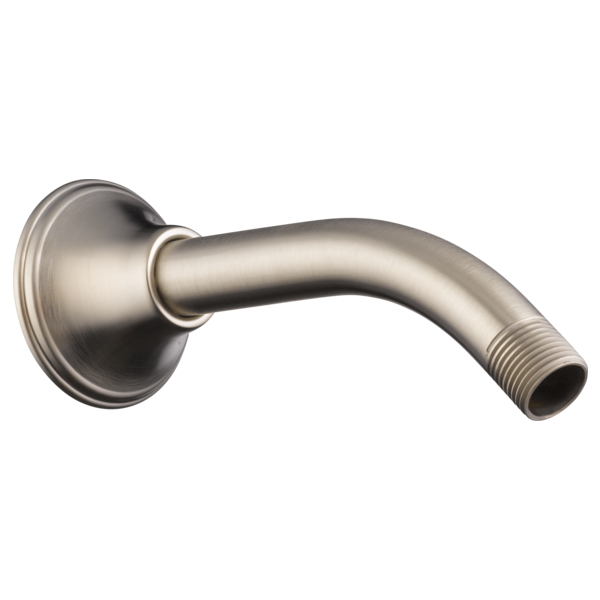 Luxe nickel wall-mount shower arm with circular flange and threaded outlet connection.