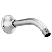 Chrome wall-mounted shower arm with circular flange and threaded connector.