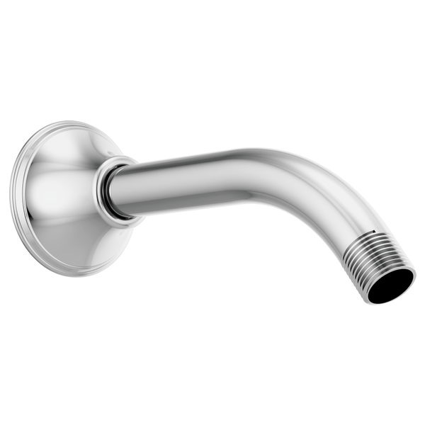 Chrome wall-mounted shower arm with circular flange and threaded connector.