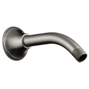 Luxe steel wall mount shower arm with circular flange and threaded connection fitting.