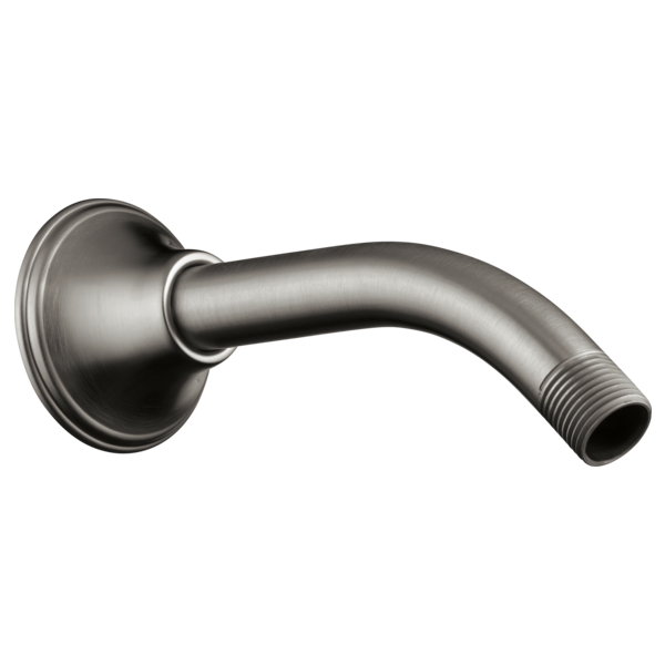 Luxe steel wall mount shower arm with circular flange and threaded connection fitting.