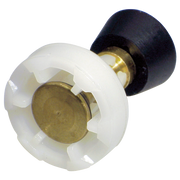 Brass and plastic diverter assembly with white escutcheon and black lever handle for kitchen faucet.