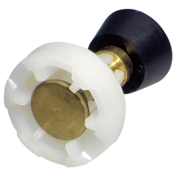 Brass and plastic diverter assembly with white escutcheon and black lever handle for kitchen faucet.