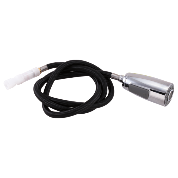 Black braided hose with chrome spray wand head and white connector fitting.