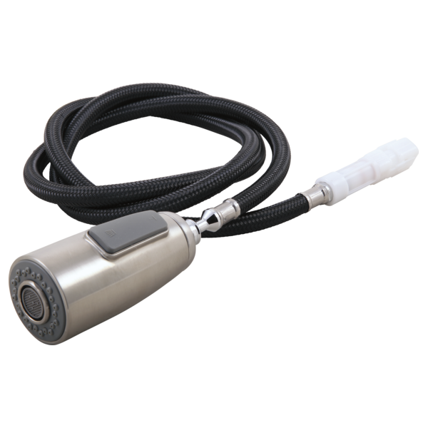 Brushed nickel faucet wand with black braided hose and white connector attached.