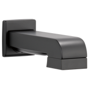 Matte black curved tub spout with pull-down diverter and square wall-mounted escutcheon plate.