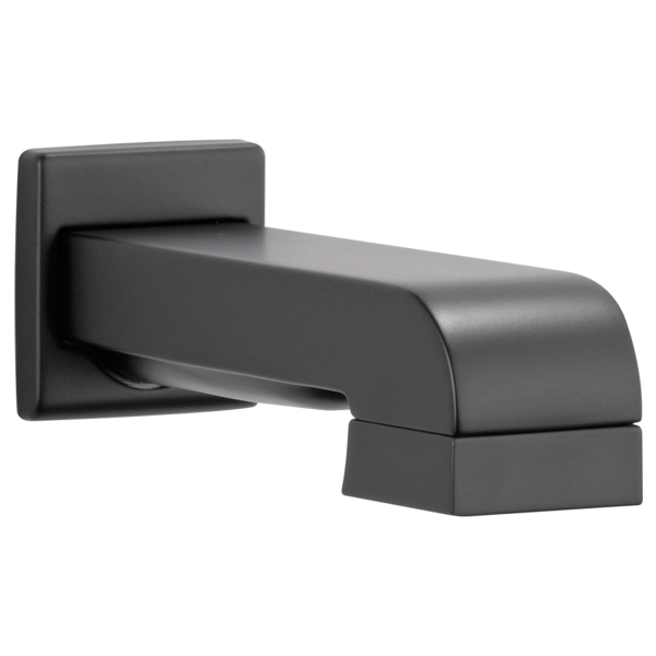 Matte black curved tub spout with pull-down diverter and square wall-mounted escutcheon plate.