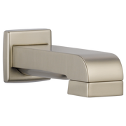 Brushed nickel tub spout with pull-down diverter and square wall mount escutcheon.