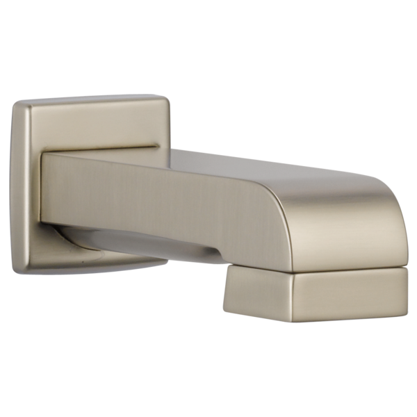 Brushed nickel tub spout with pull-down diverter and square wall mount escutcheon.