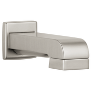 Brushed nickel tub spout with curved cylindrical design and square wall-mounted escutcheon.