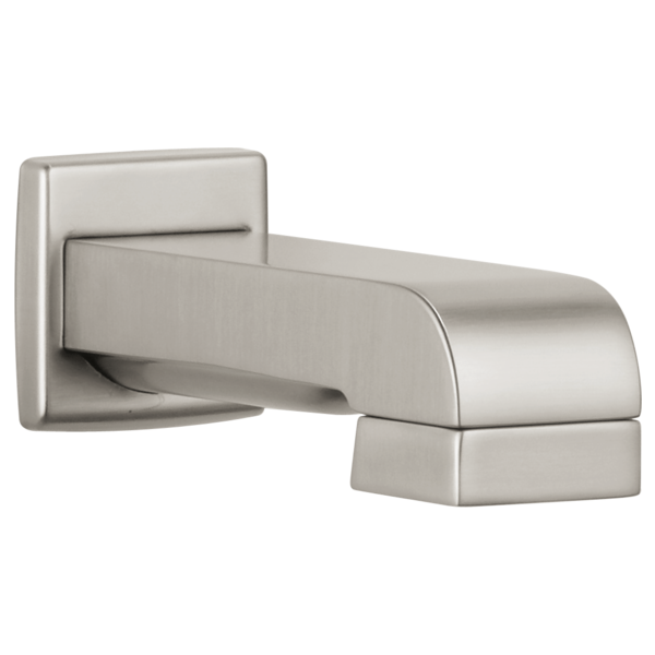 Brushed nickel tub spout with curved cylindrical design and square wall-mounted escutcheon.