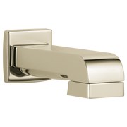 Polished nickel tub spout with diverter and square mounting plate.