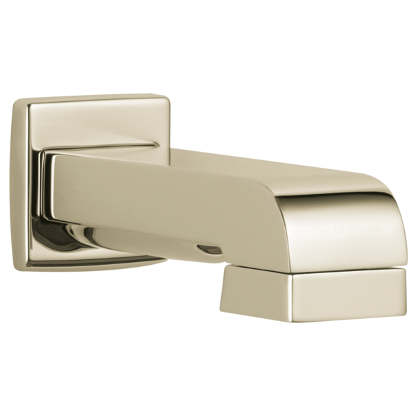 Polished nickel tub spout with diverter and square mounting plate.