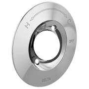 Chrome circular escutcheon plate with hot and cold water indicators and off position marking.