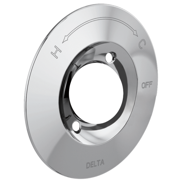 Chrome circular escutcheon plate with hot and cold water indicators and off position marking.