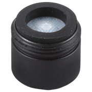 Matte black aerator with threaded base and blue mesh filter screen visible inside opening.