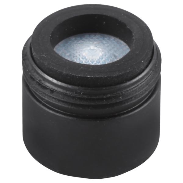 Matte black aerator with threaded base and blue mesh filter screen visible inside opening.