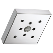 Square chrome showerhead with multiple spray jets arranged in a circular pattern around central Delta logo.