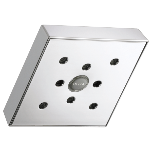 Square chrome showerhead with multiple spray jets arranged in a circular pattern around central Delta logo.