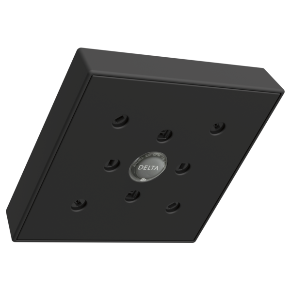 Square black shower head with nine water jets arranged around center Delta logo.