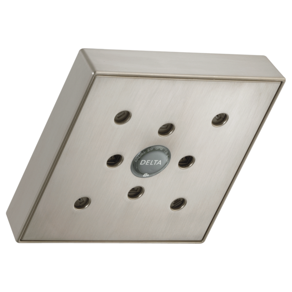 Square brushed nickel shower head with nine spray jets arranged in a circle around Delta logo center.