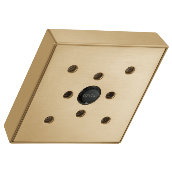 Champagne bronze square raincan shower head with multiple water jets and Delta logo in center.