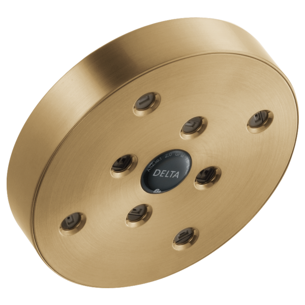 Round champagne bronze shower head with nine spray ports arranged in a circle around a center Delta logo.