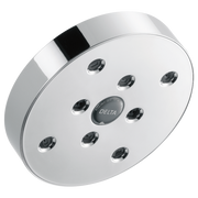 Round chrome showerhead with multiple spray jets and Delta logo in center.