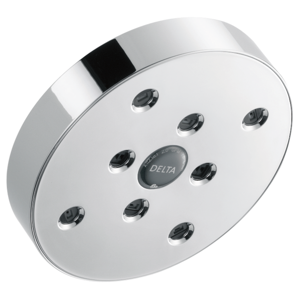 Round chrome showerhead with multiple spray jets and Delta logo in center.