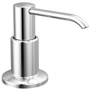 Polished chrome soap or lotion dispenser pump with cylindrical body and curved spout.