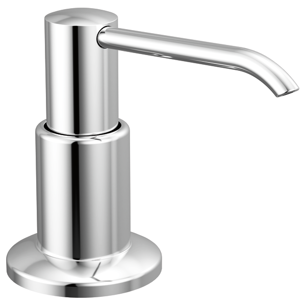 Polished chrome soap or lotion dispenser pump with cylindrical body and curved spout.