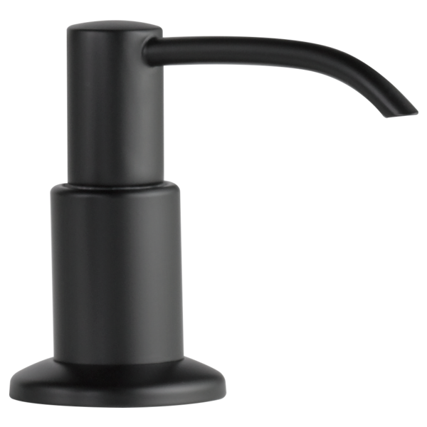 Black matte soap or lotion dispenser pump with cylindrical base and curved spout.