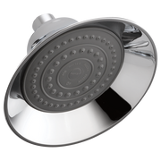 Chrome and gray raincan shower head with multiple spray holes and wall mount connection.