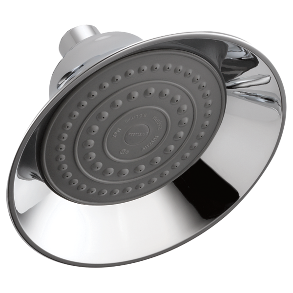 Chrome and gray raincan shower head with multiple spray holes and wall mount connection.